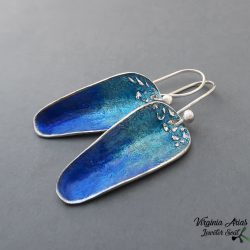Ocean Blue Dangle Earrings, blue earrings for women, enamel earrings for her, long 925 silver earrings, drop earrings , sterling silver jewelry handmade.