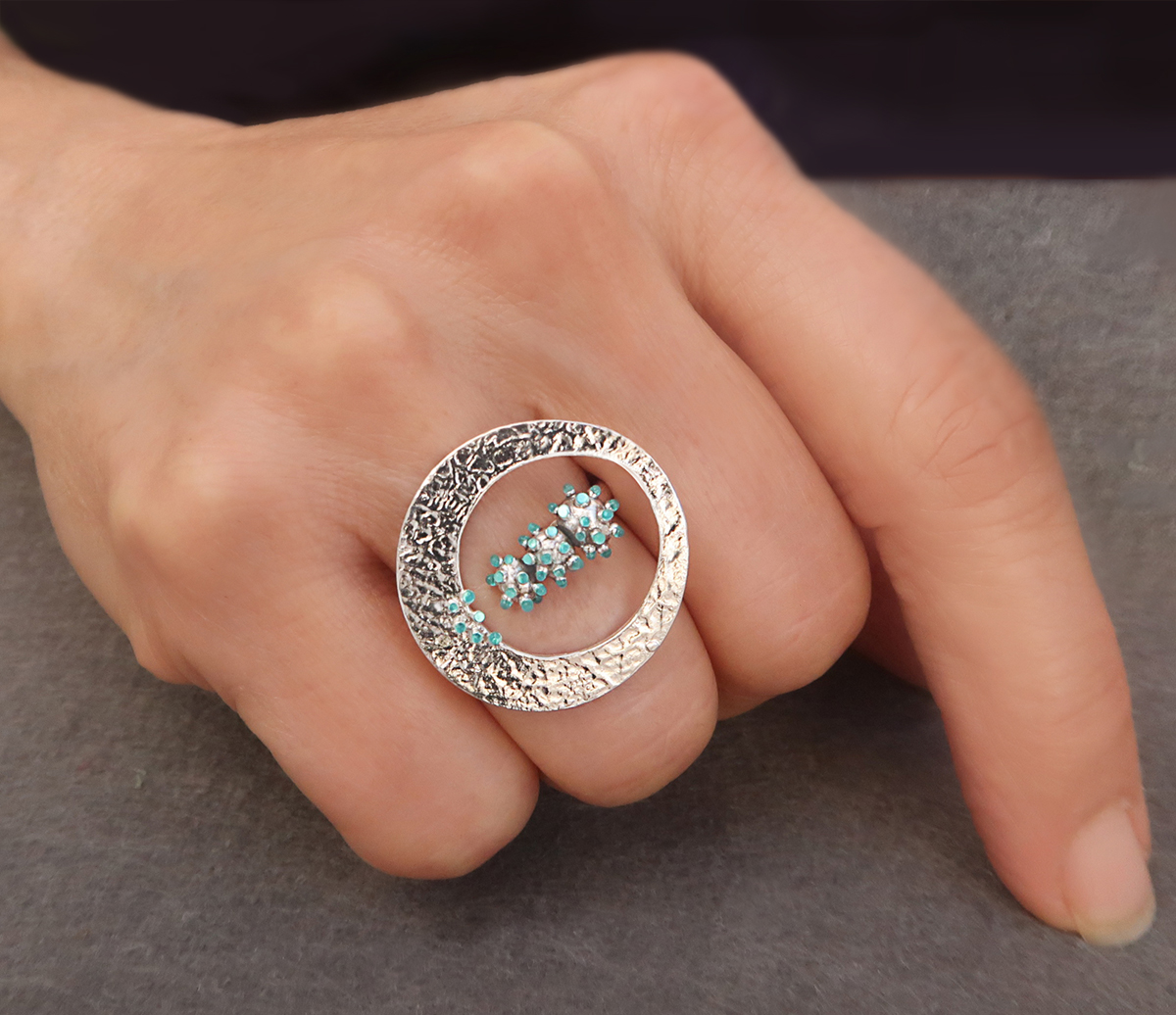 Silver Circle ring with granulation Silver Circle ring with granulation #1 handmade jewelry, Enamel jewelry ring handmade designer, Geometric silver ring, Statement ring by her, sterling silver 925 and enamel.